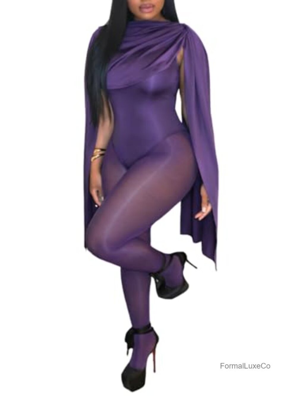 2 Piece Drape Cape Bodysuit Mesh Tights Set Club Night Out